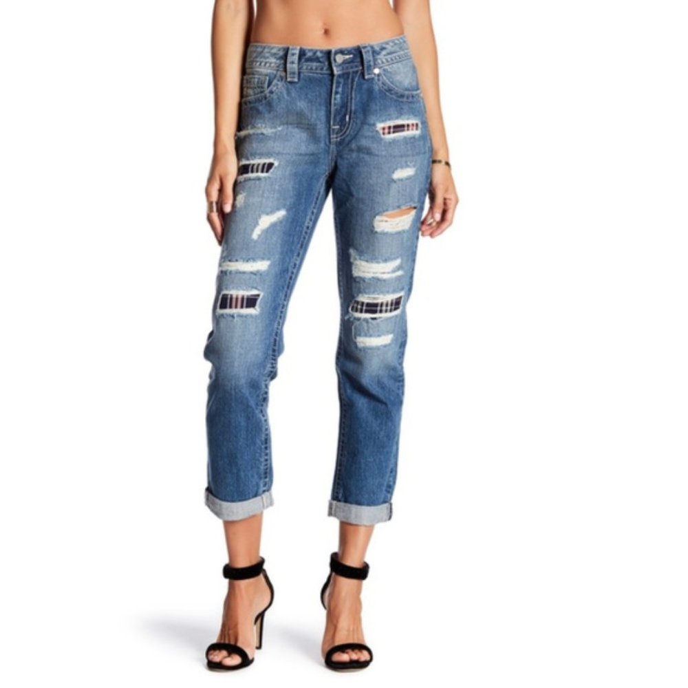Miss Me Torn Plaid Patch Boyfriend Ankle Jeans 28